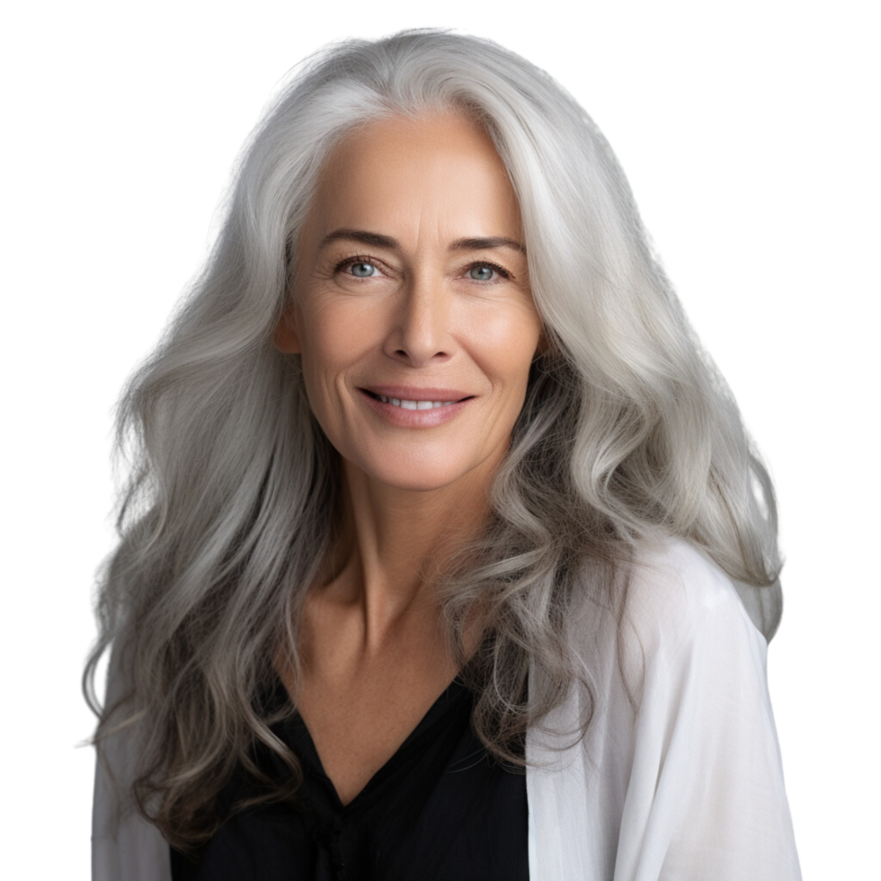 AI generated Beautiful Aging mature woman with smooth healthy face skin and long gray hair and happy smiling on a transparent background. png