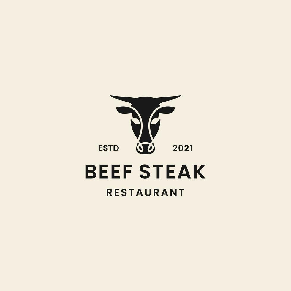 minimalist vintage beef steak logo design with cow head vector