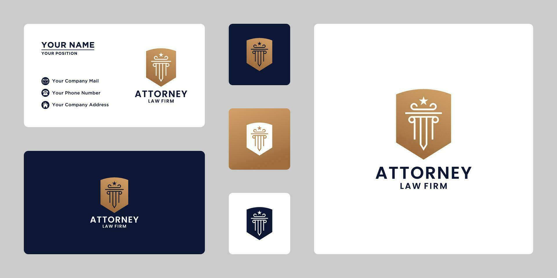 golden lawyer, attorney logo design. sword pillar with shield combination vector