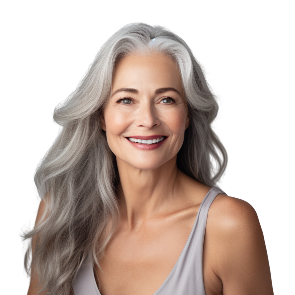 AI generated Beautiful Aging mature woman with smooth healthy face skin and long gray hair and happy smiling on a transparent background. png
