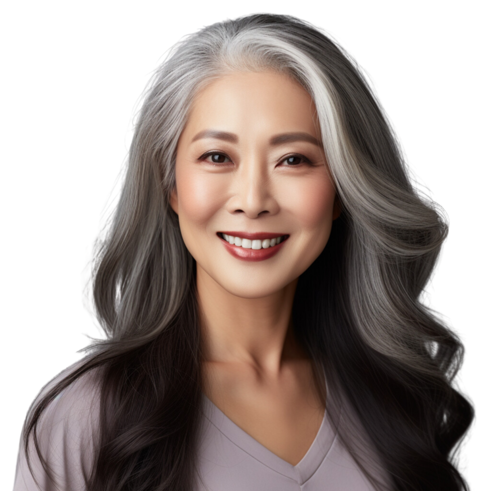 AI generated Beautiful Aging mature asia woman with smooth healthy face skin and long gray hair and happy smiling on a transparent background. png