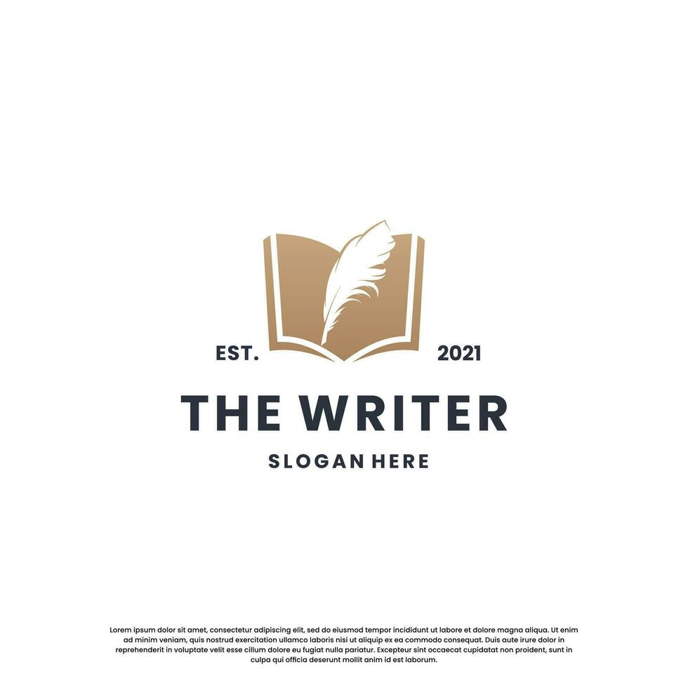 classic writer logo design. author logo feather with book combination. vector