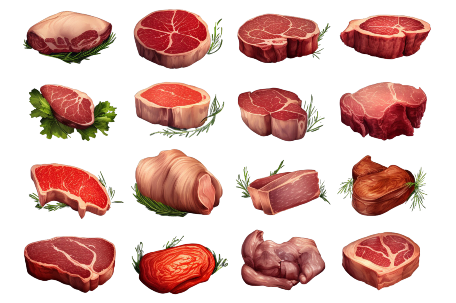ai gegenereerd reeks van vers vlees. verschillend onderdelen van dier vlees rundvlees Aan een transparant achtergrond. png