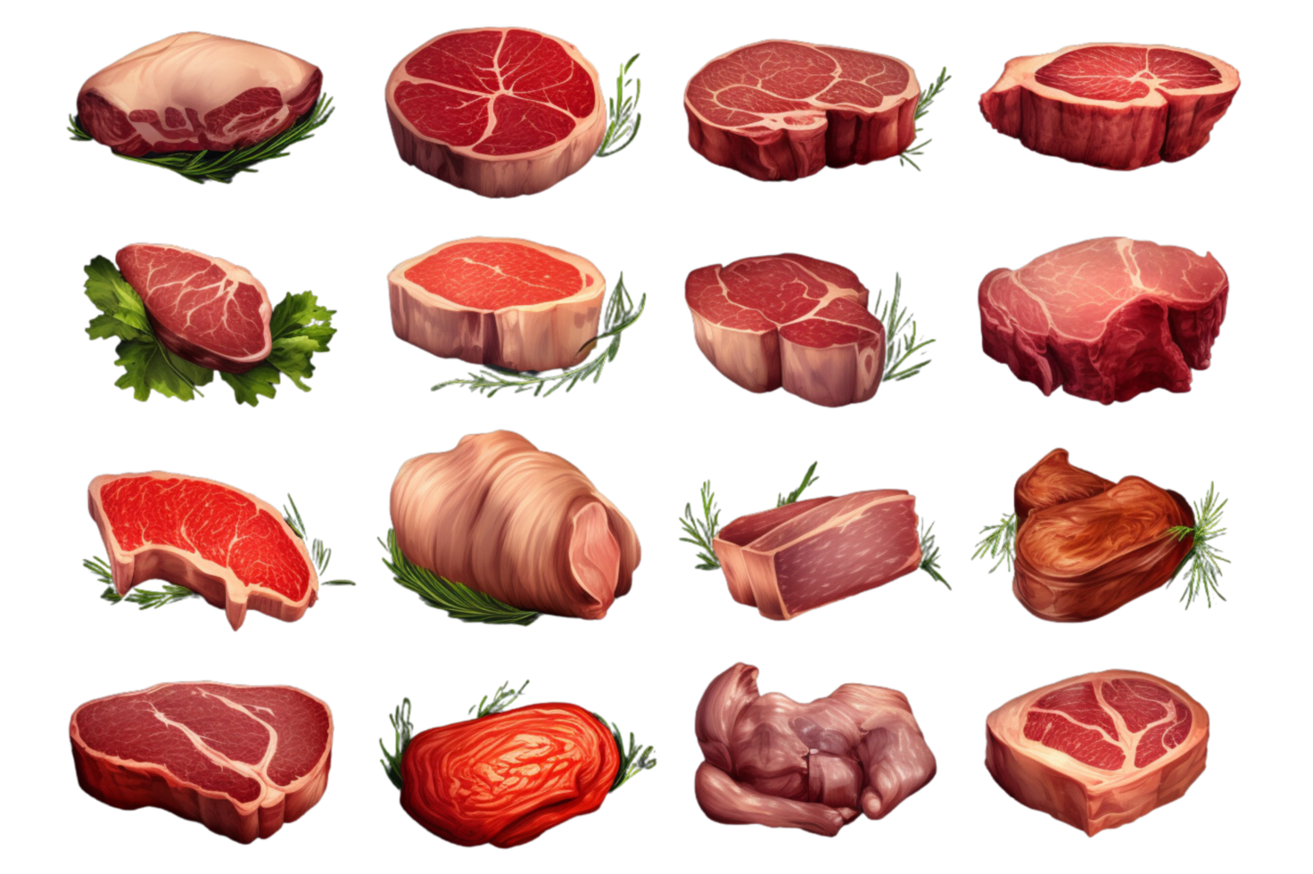 AI generated Set of fresh meat. Different parts of animal meat beef on a transparent background. png
