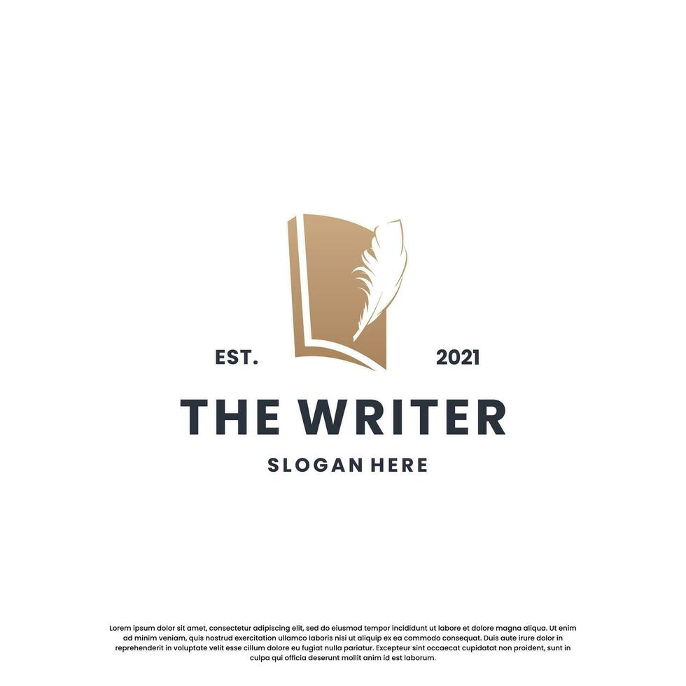 classic writer logo design. author logo feather with book combination. vector