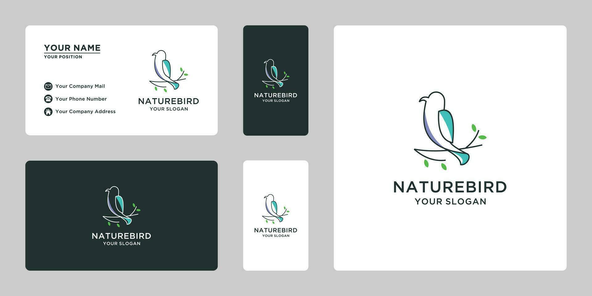 bird line art logo design  with leaf combination. nature bird labels logo vector