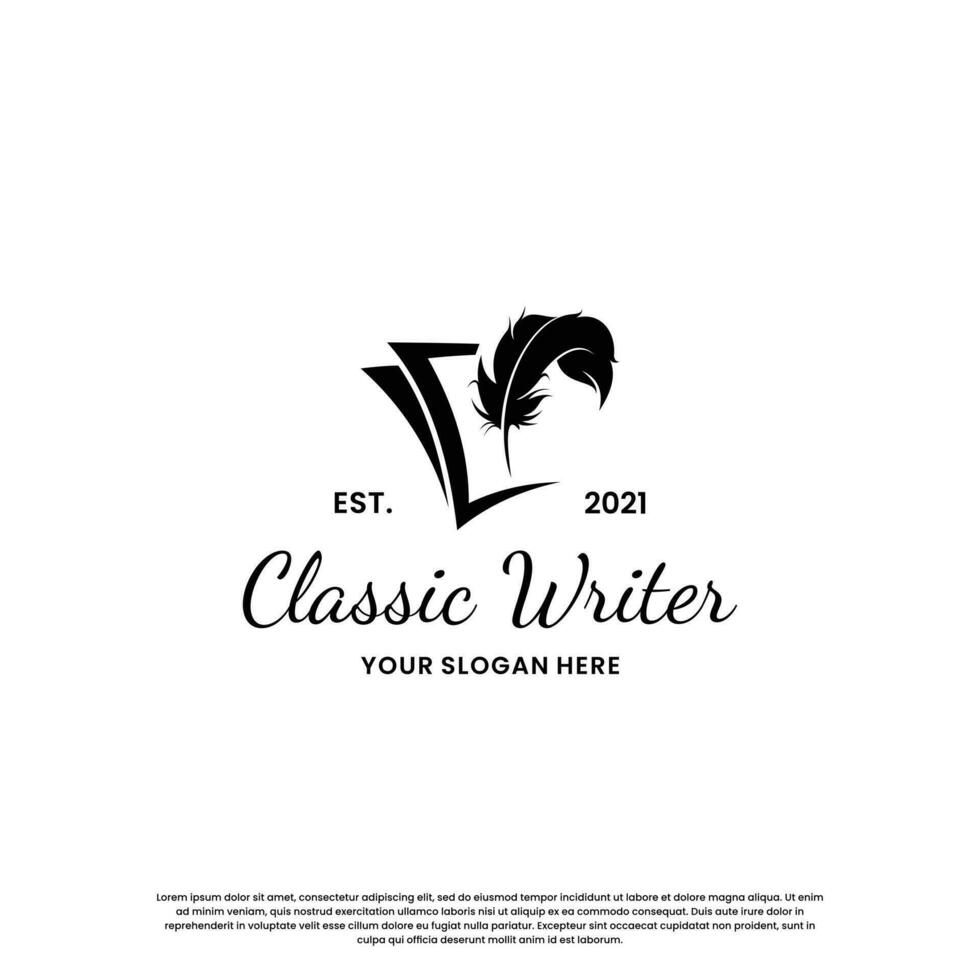 classic writer logo design. author logo feather with book combination. vector