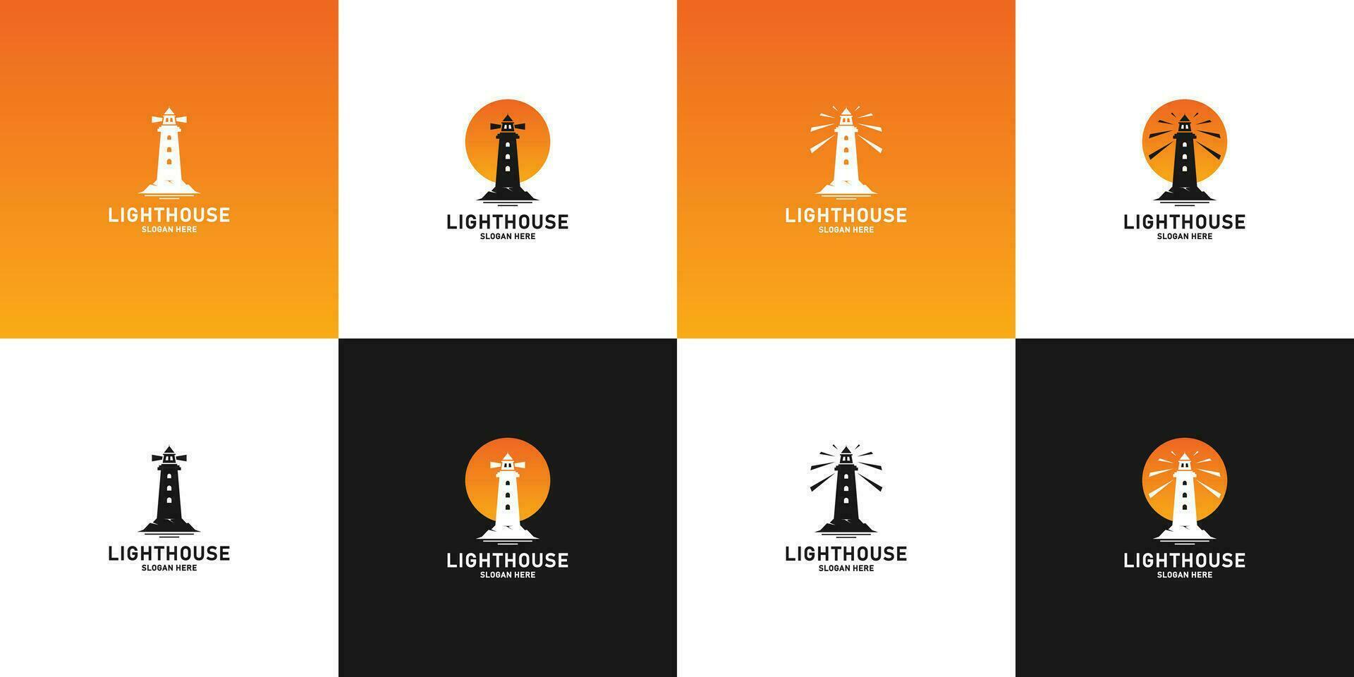 set of lighthouse logo design with sunset combination. vector