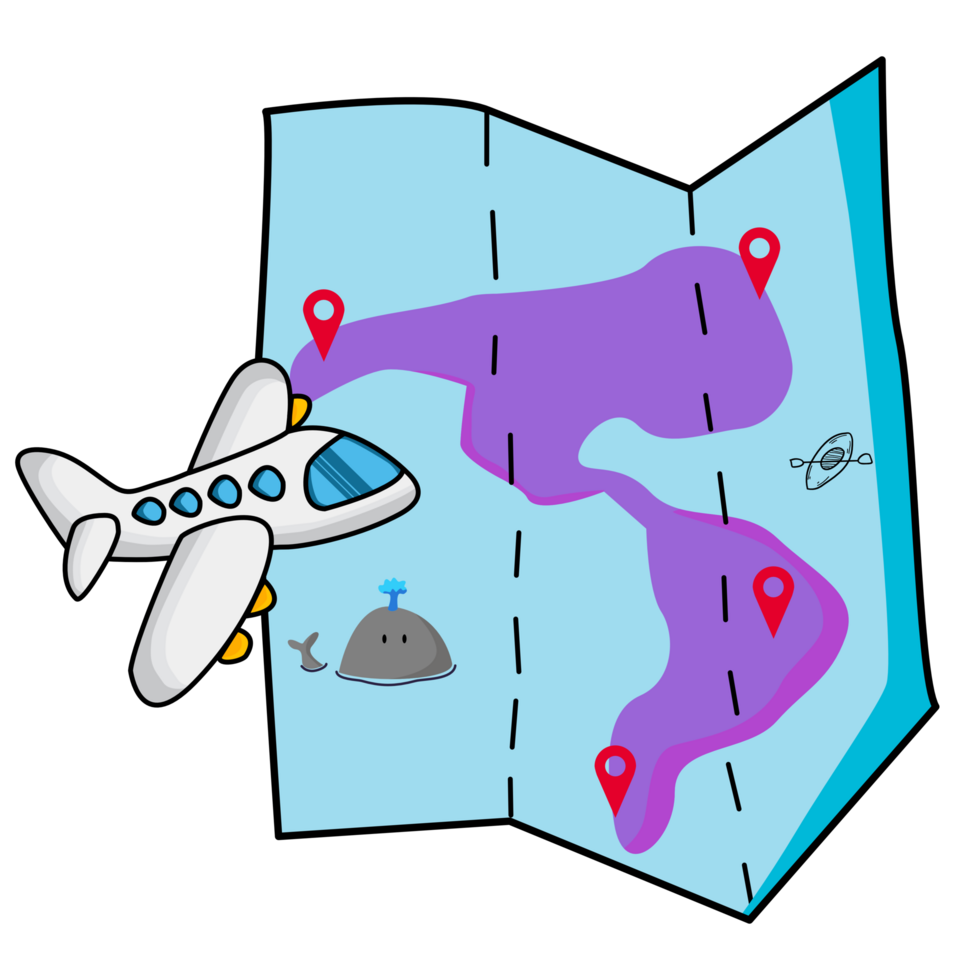 Travel Concept. Foldable world map with destination point and airplanes. png