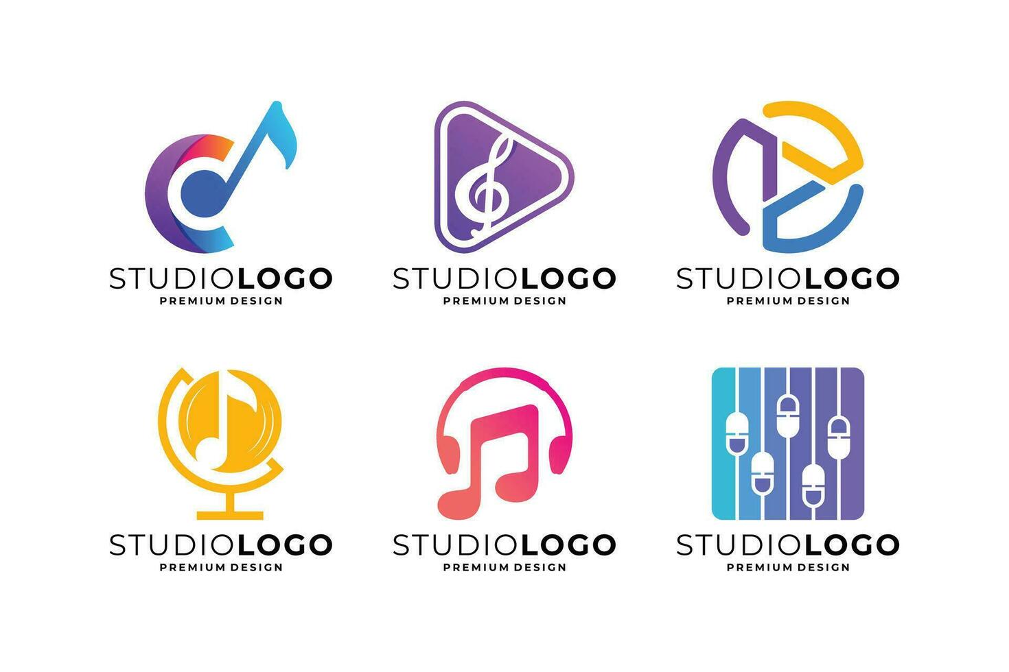 conjunto de música logo diseño recopilación. símbolo música, nota, jugar icono moderno modelo. vector