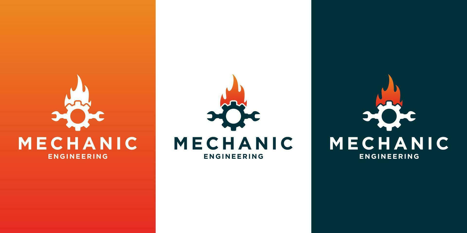 creative mechanic logo design with equipment, gear and fire working, for your business workshop vector
