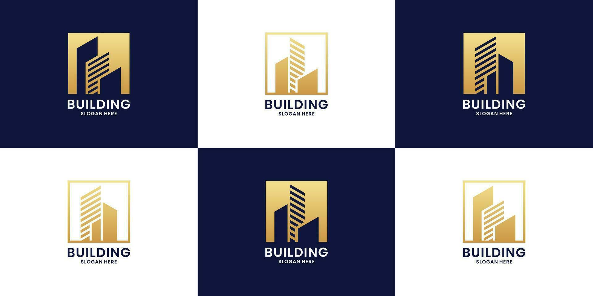 building, real estate logo design with square and golden color vector