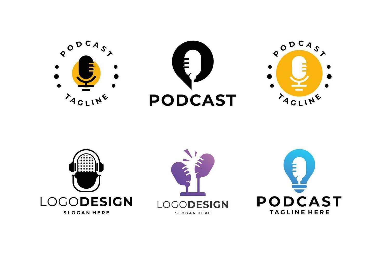 set of podcast logo. microphone with wreath combine. podcast badge template. vector