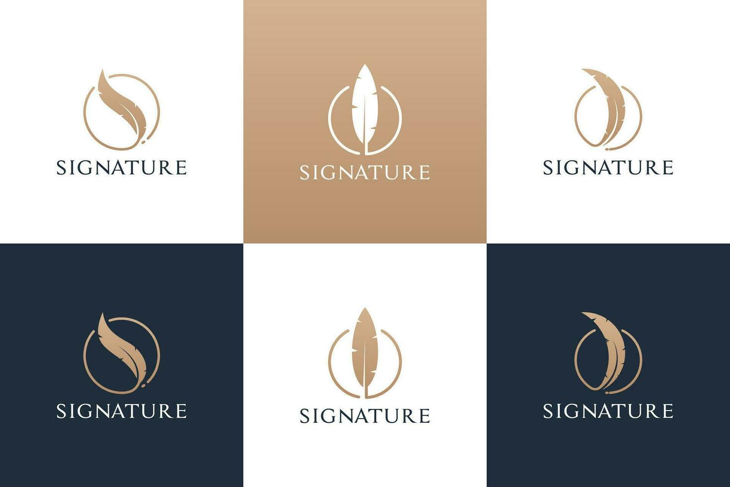 Set of golden quill signature logo design. Feather pen logo collection. vector