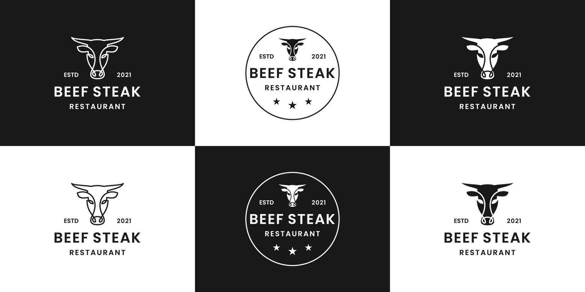 Clásico carne de vaca filete logo diseño para restaurante vector