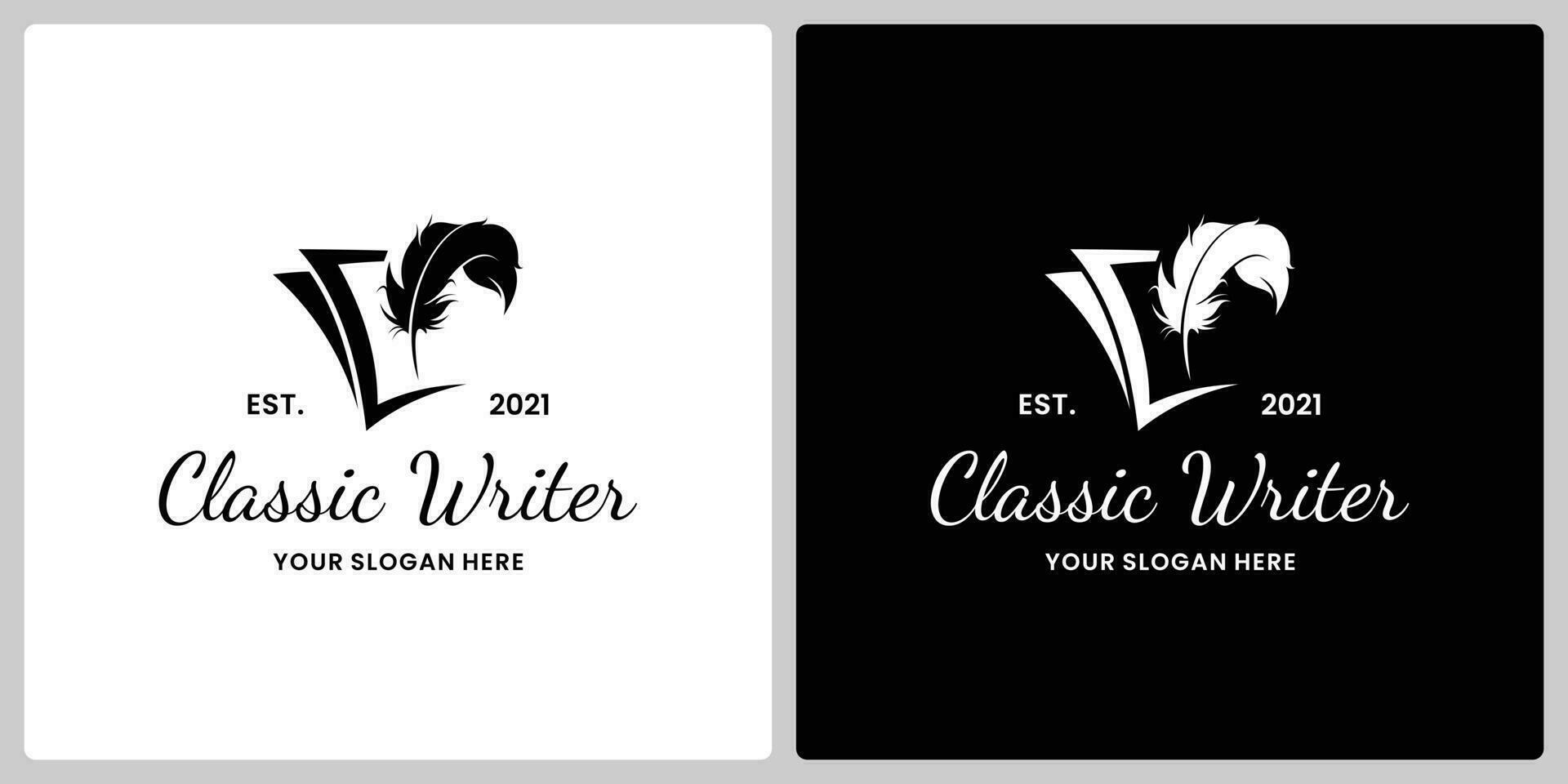 classic writer logo. feather with book logo design for author vector