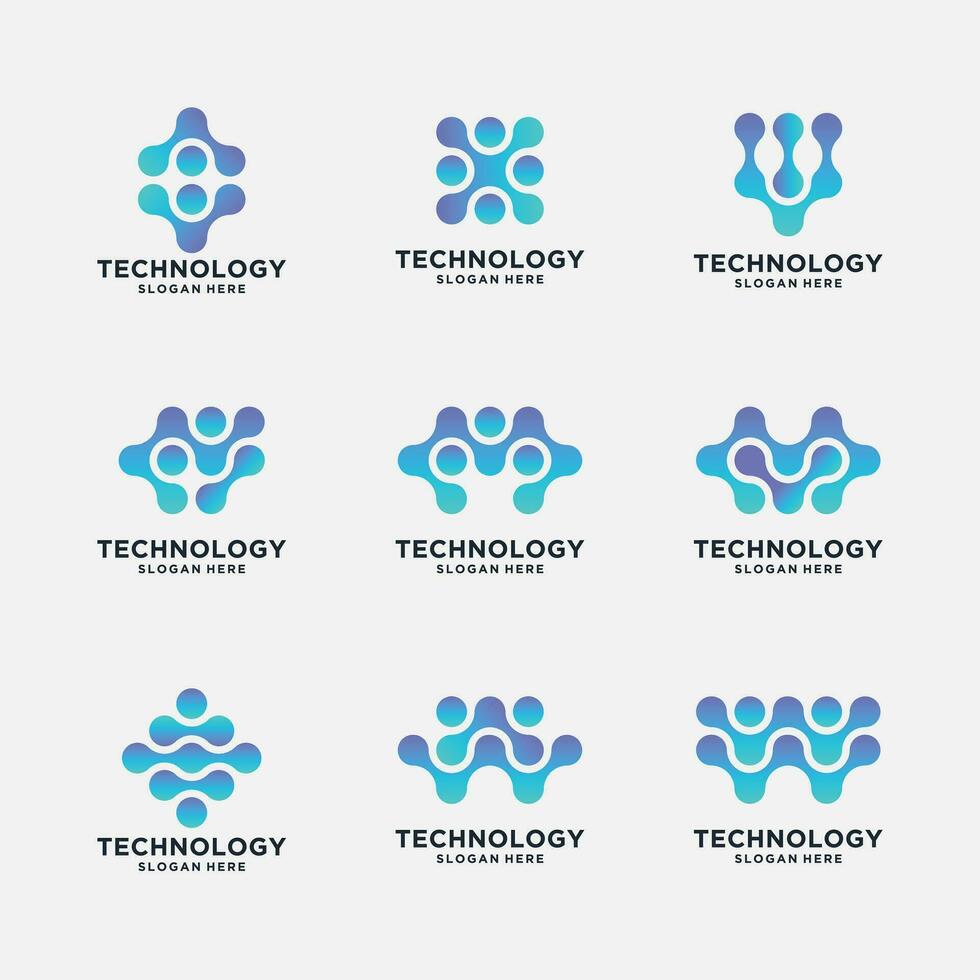 Set of monogram logo with dot concept. universal colorful biotechnology molecule atom chip symbol. vector