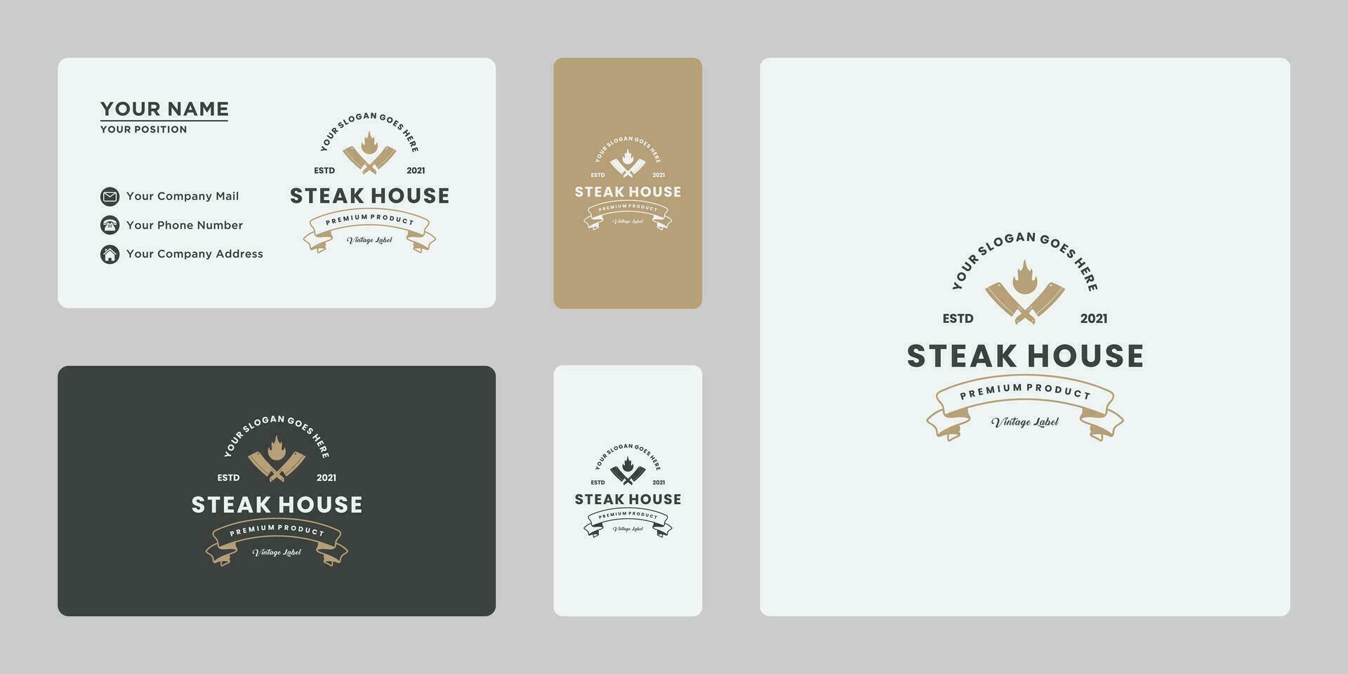 retro steak house with ribbon logo design template vector