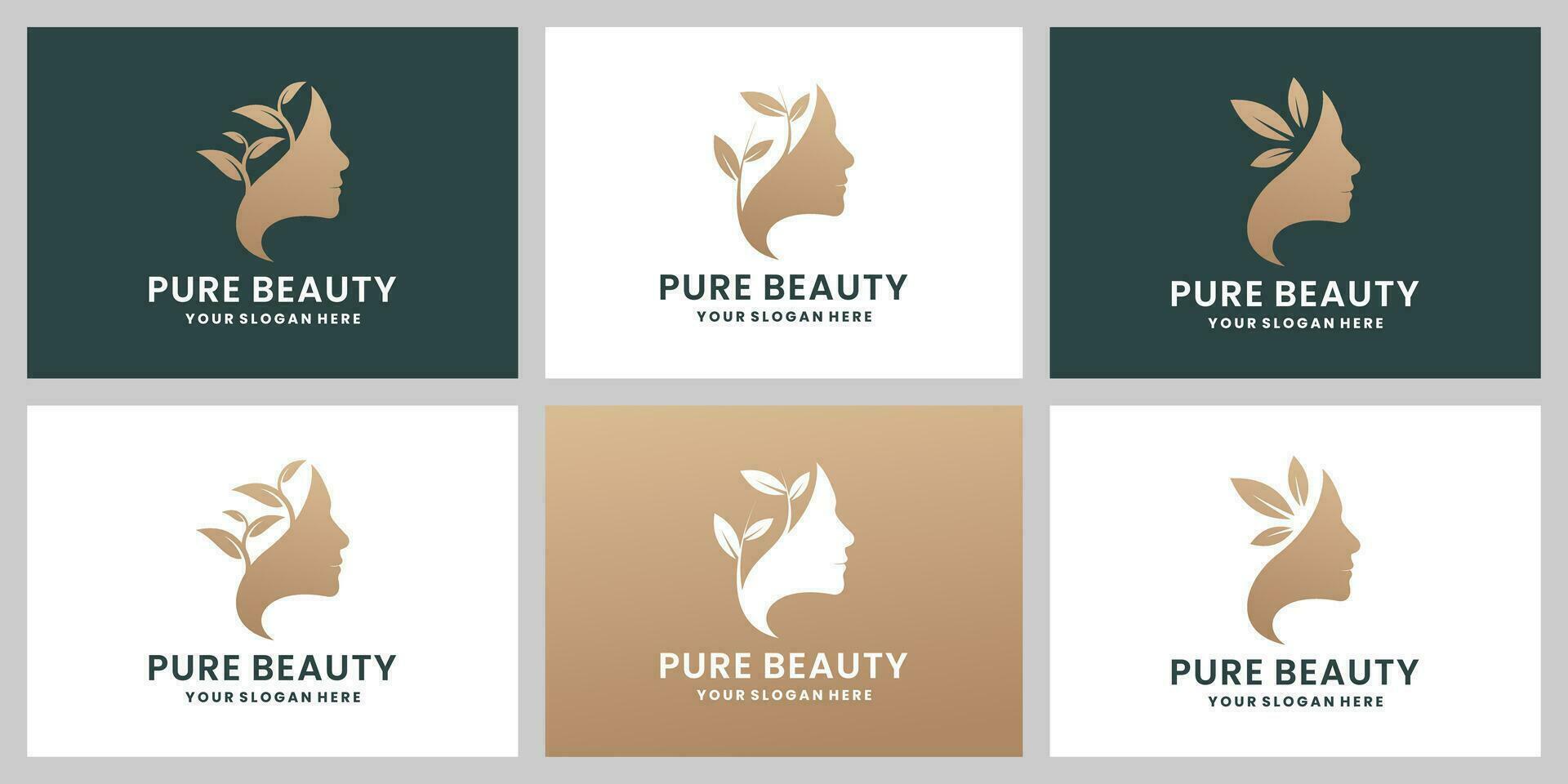 elegancia puro belleza logo diseño recopilación. mujer y hoja combinar con dorado color vector