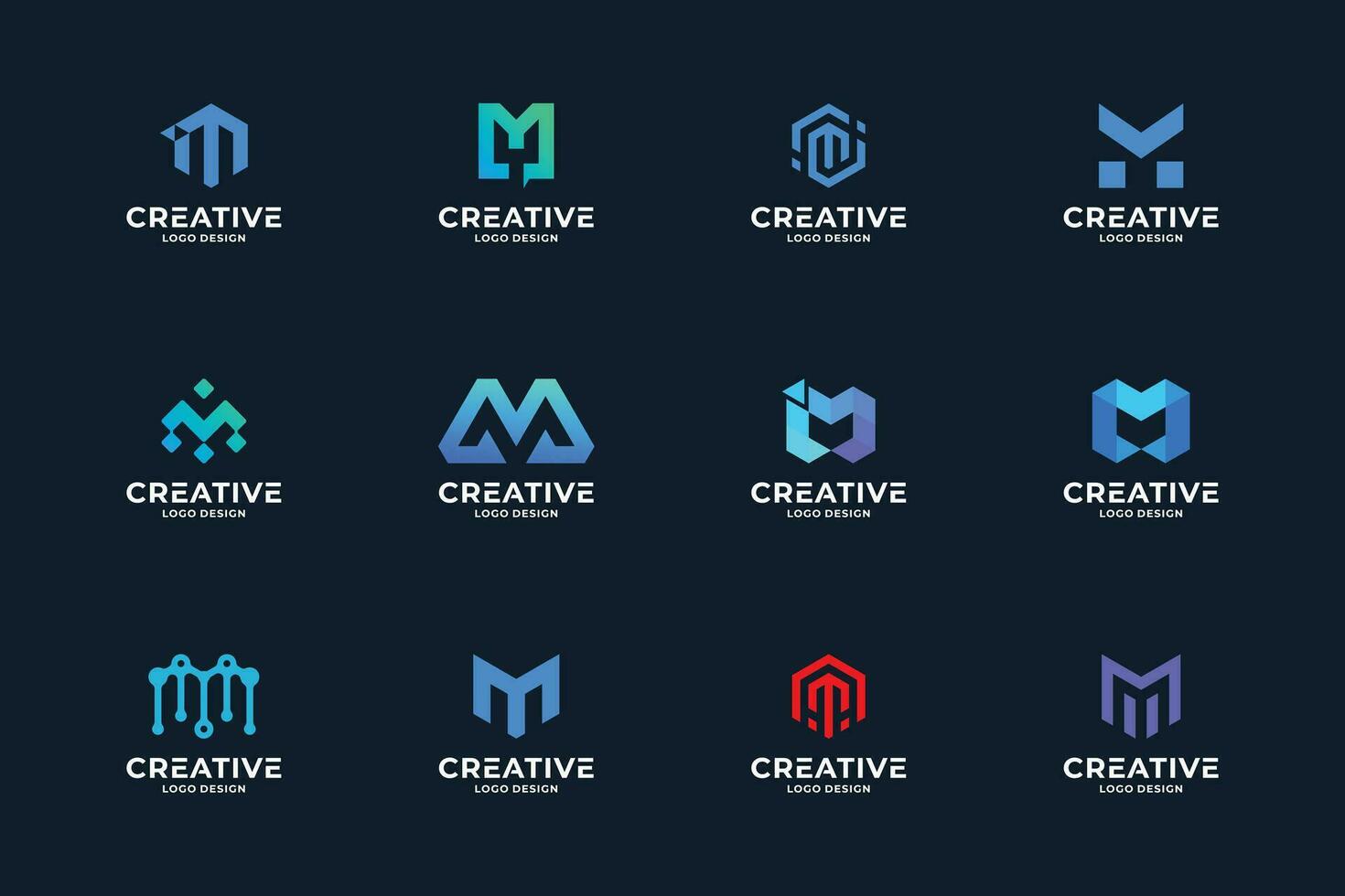 Set of creative letter M logo design template. Modern gradient color logotype. vector