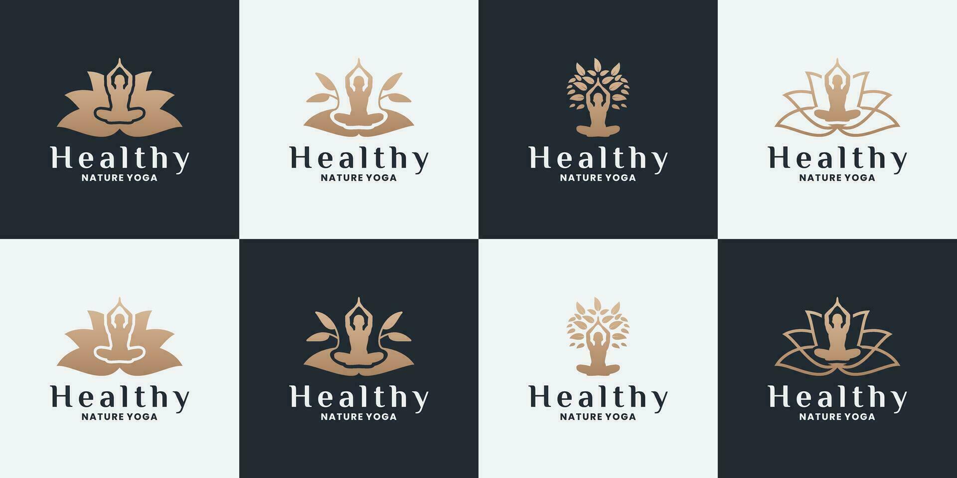 haz naturaleza yoga, saludable, árbol, humano logo diseño con dorado color vector