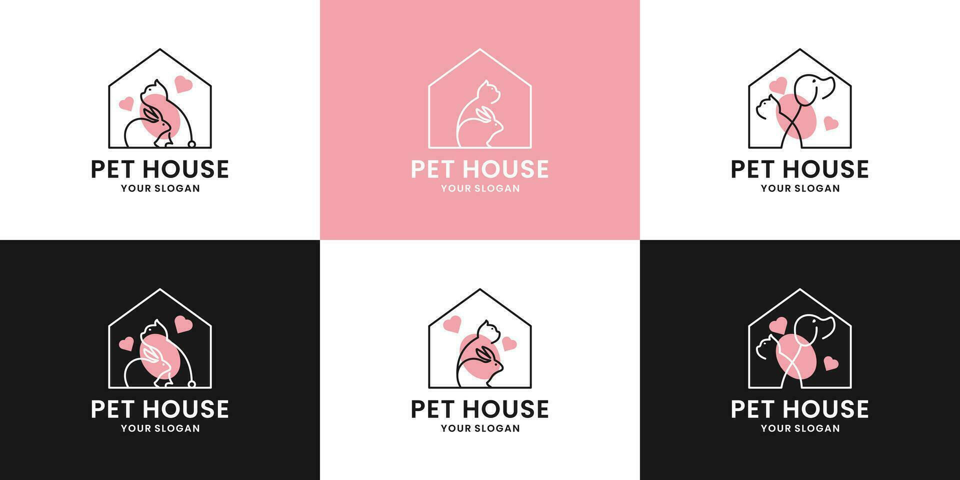 set of pet house, pet store logo design collection. rabbit and cat combination in the house vector