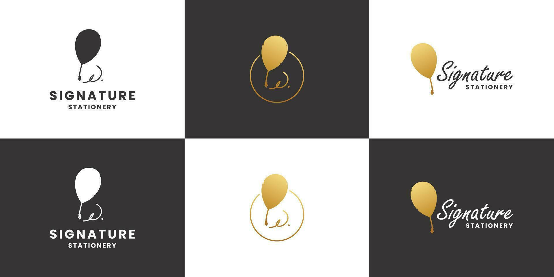 set of signature, feather pen, old stationery logo design with golden color vector