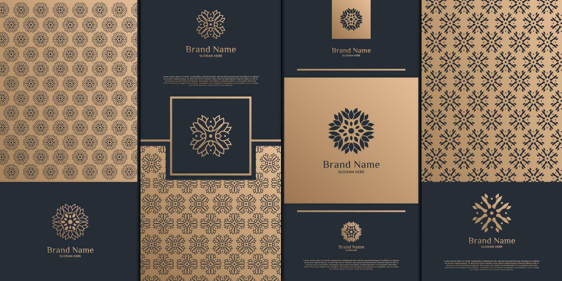 Luxury logo and gold packaging design. nature, luxury lotus, wellness, flower, pattern. vector