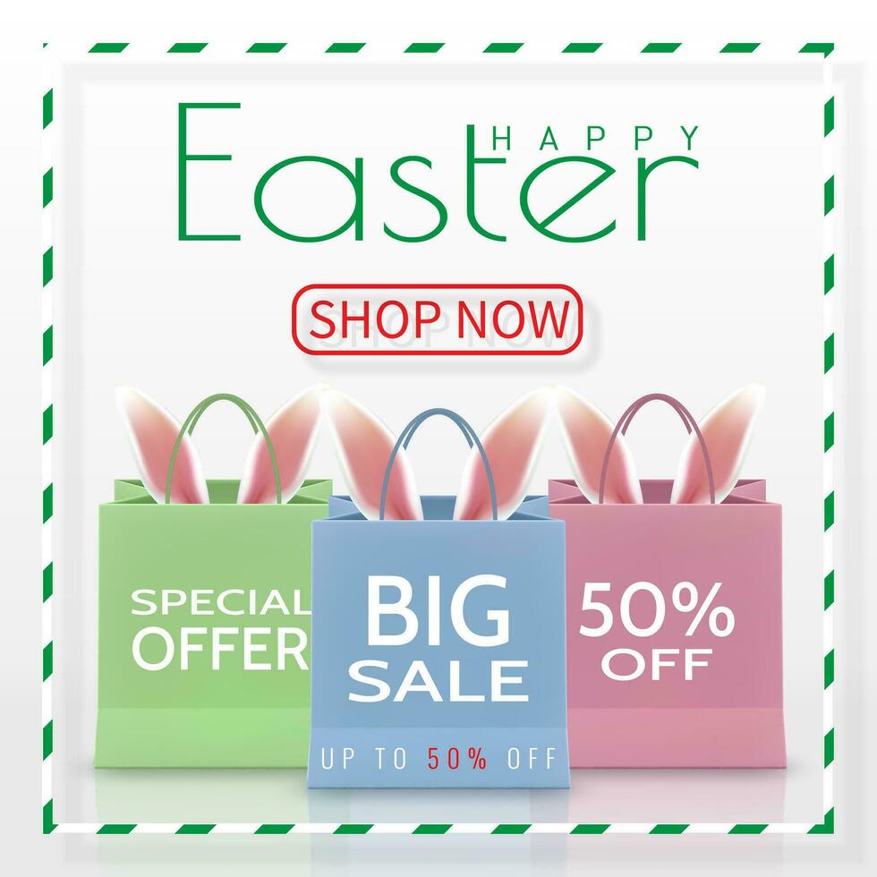 Happy Easter Sale. Realistic Paper shopping bag with handles isolated on white background. Vector illustration