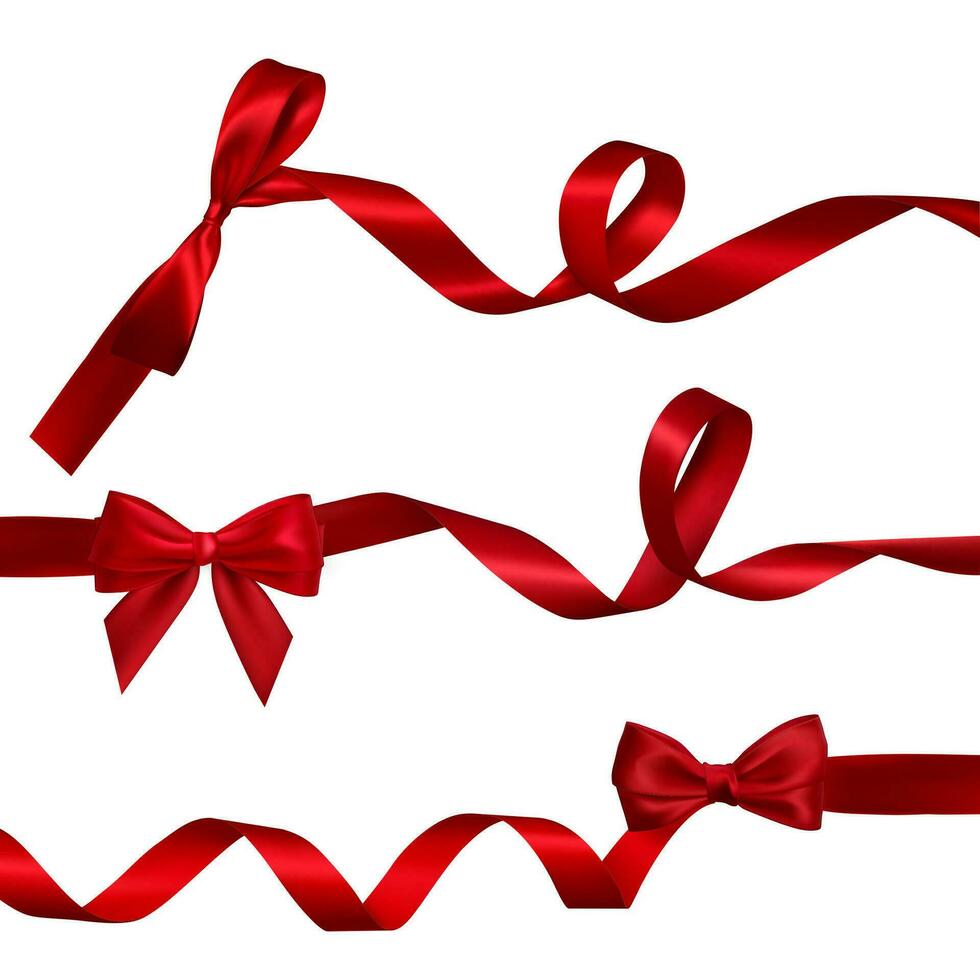 Set of Realistic red bow with long curled red ribbon. Element for decoration gifts, greetings, holidays, Valentines Day design. Vector illustration