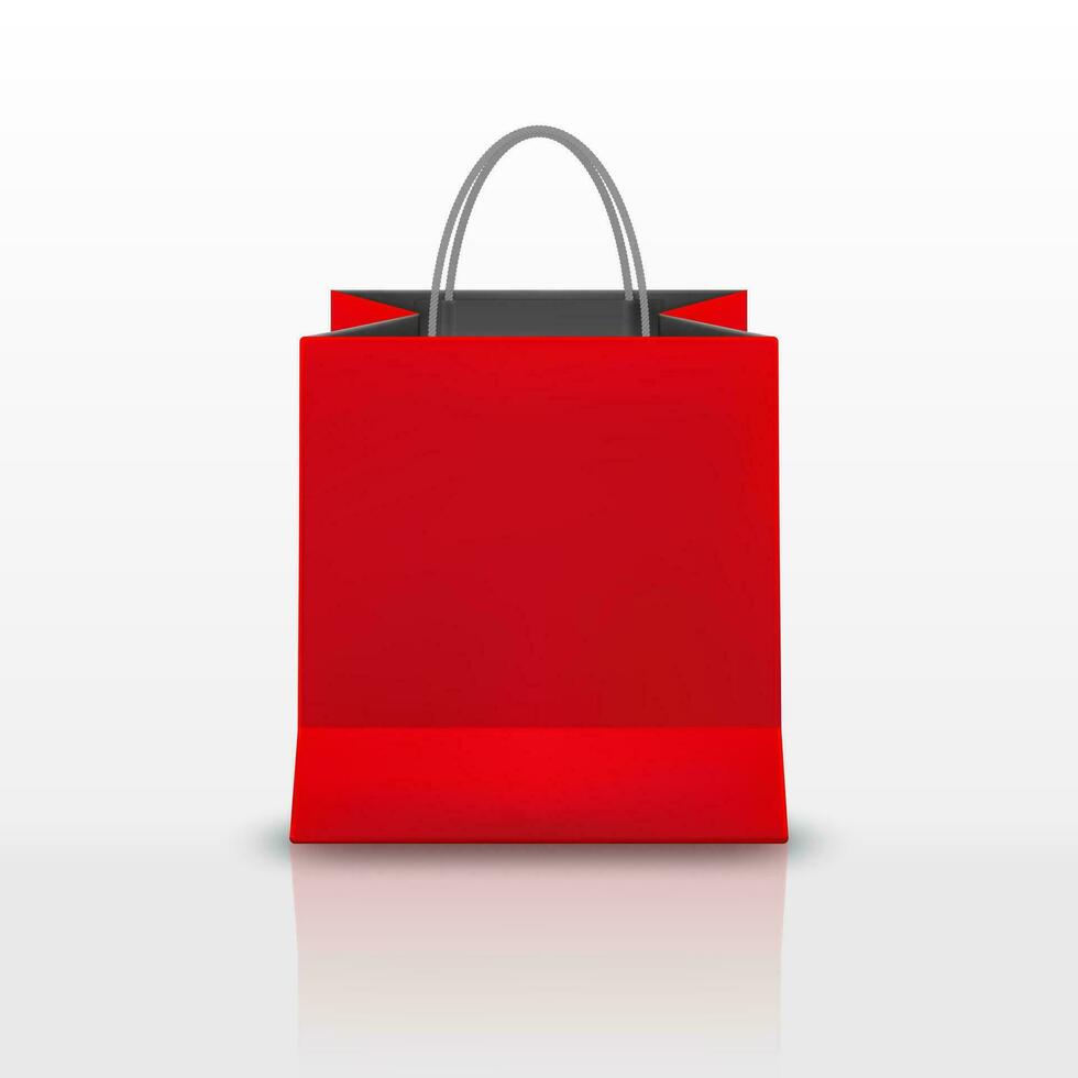 Realistic red Paper shopping bag with handles isolated on white background. Vector illustration