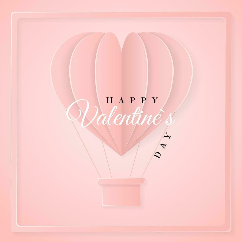 Happy valentines day retro invitation card template with origami paper hot air balloon in heart shape. Pink background. Vector illustration