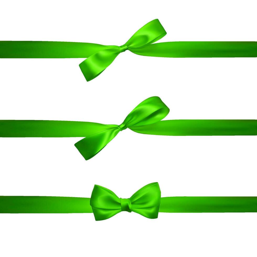 Realistic green bow with horizontal green ribbons isolated on white. Element for decoration gifts, greetings, holidays. Vector illustration