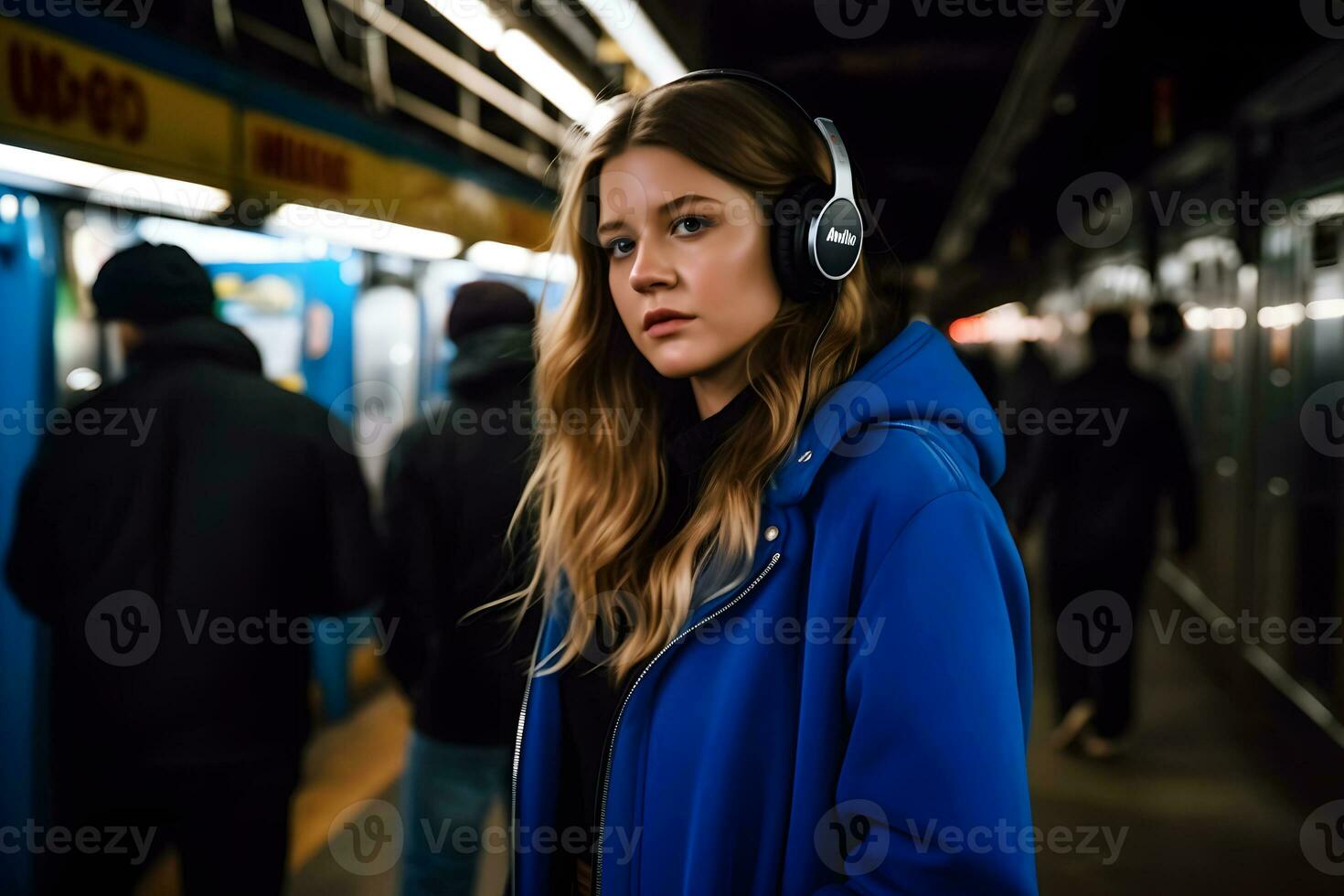 ai generado joven niña con auriculares en el subterraneo escuchando música. neural red ai generado foto