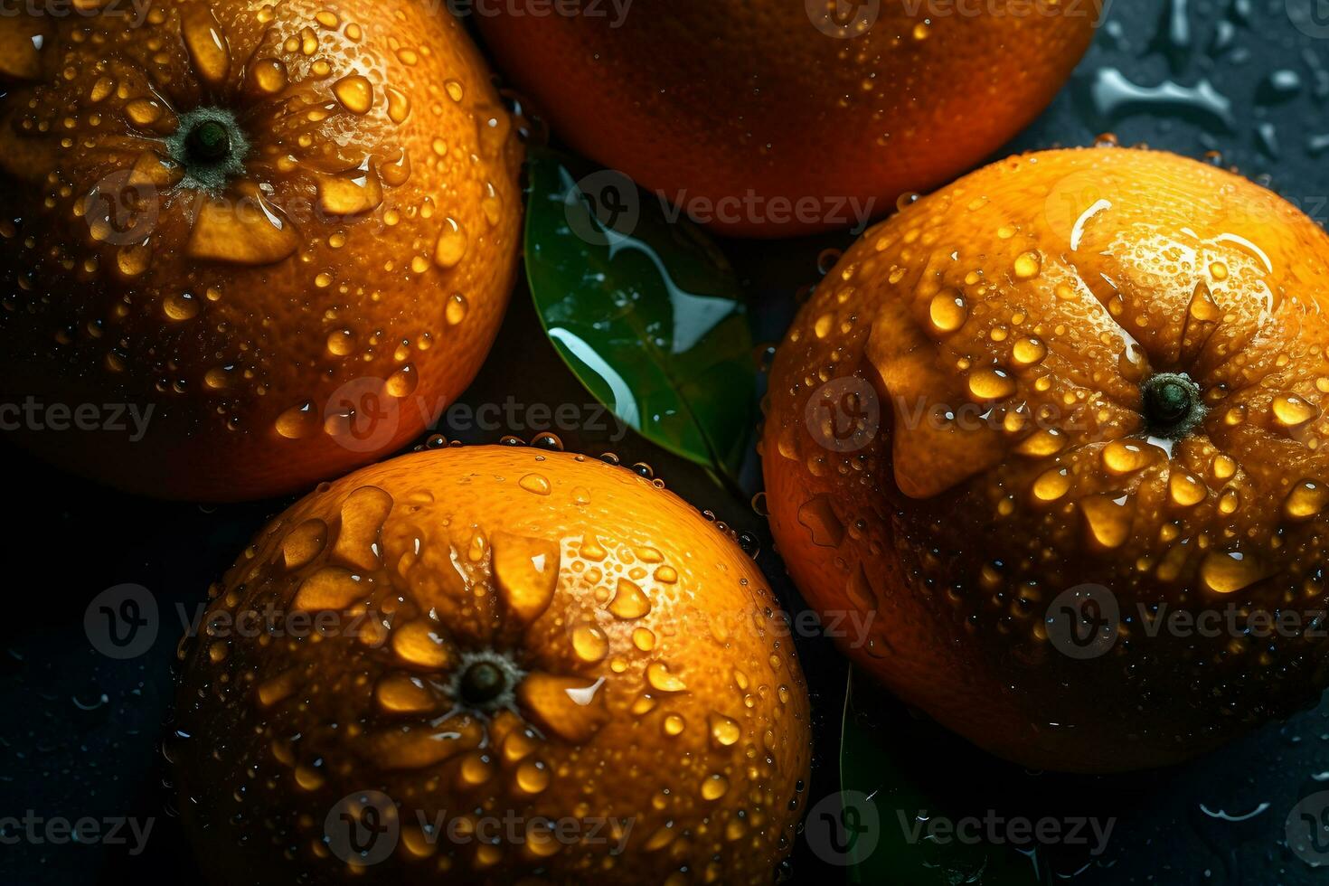 AI generated fresh orange fruits with leaves as background, top view. Neural network AI generated photo