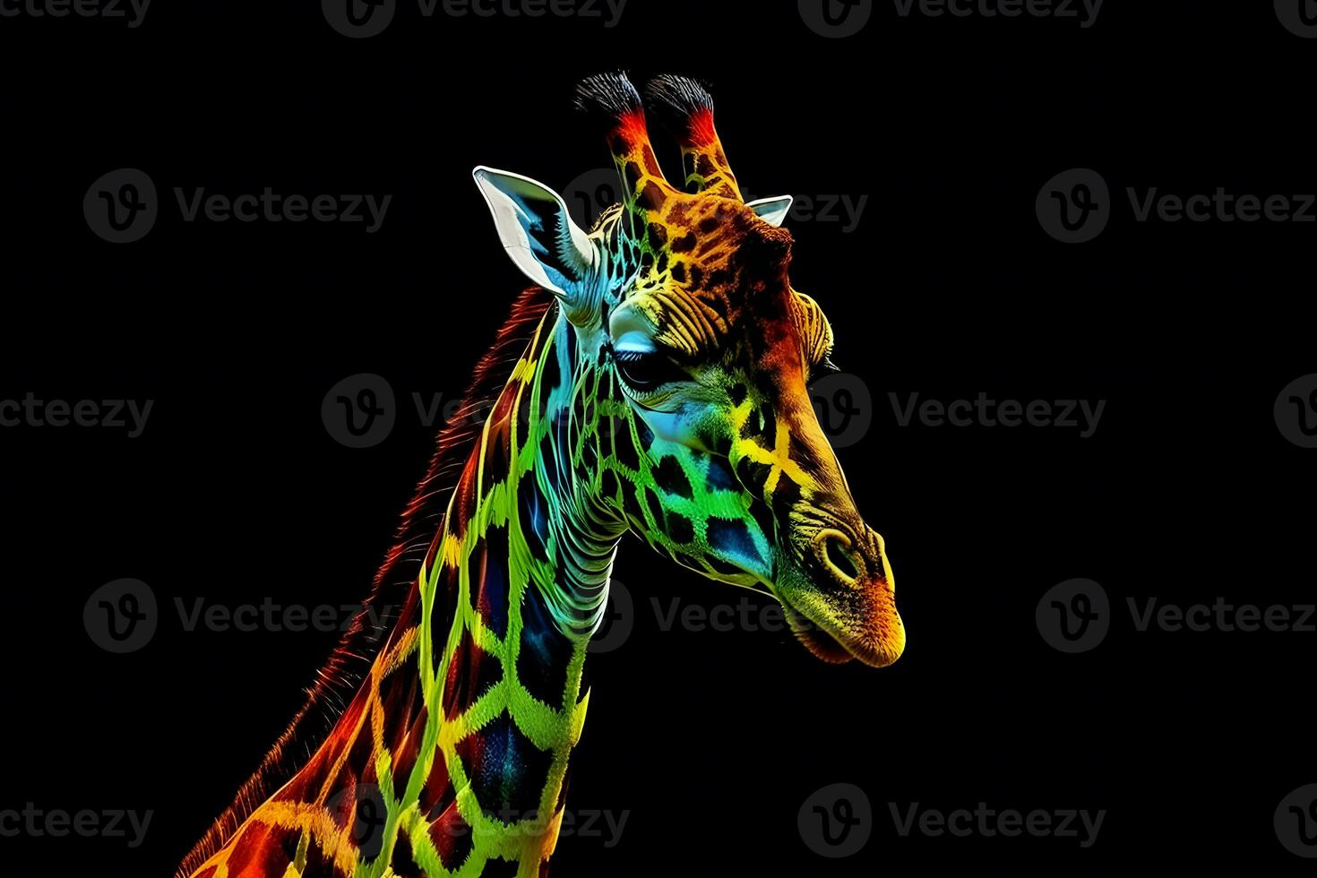 AI generated Rainbow art giraffe on a black background. Neural network AI generated photo
