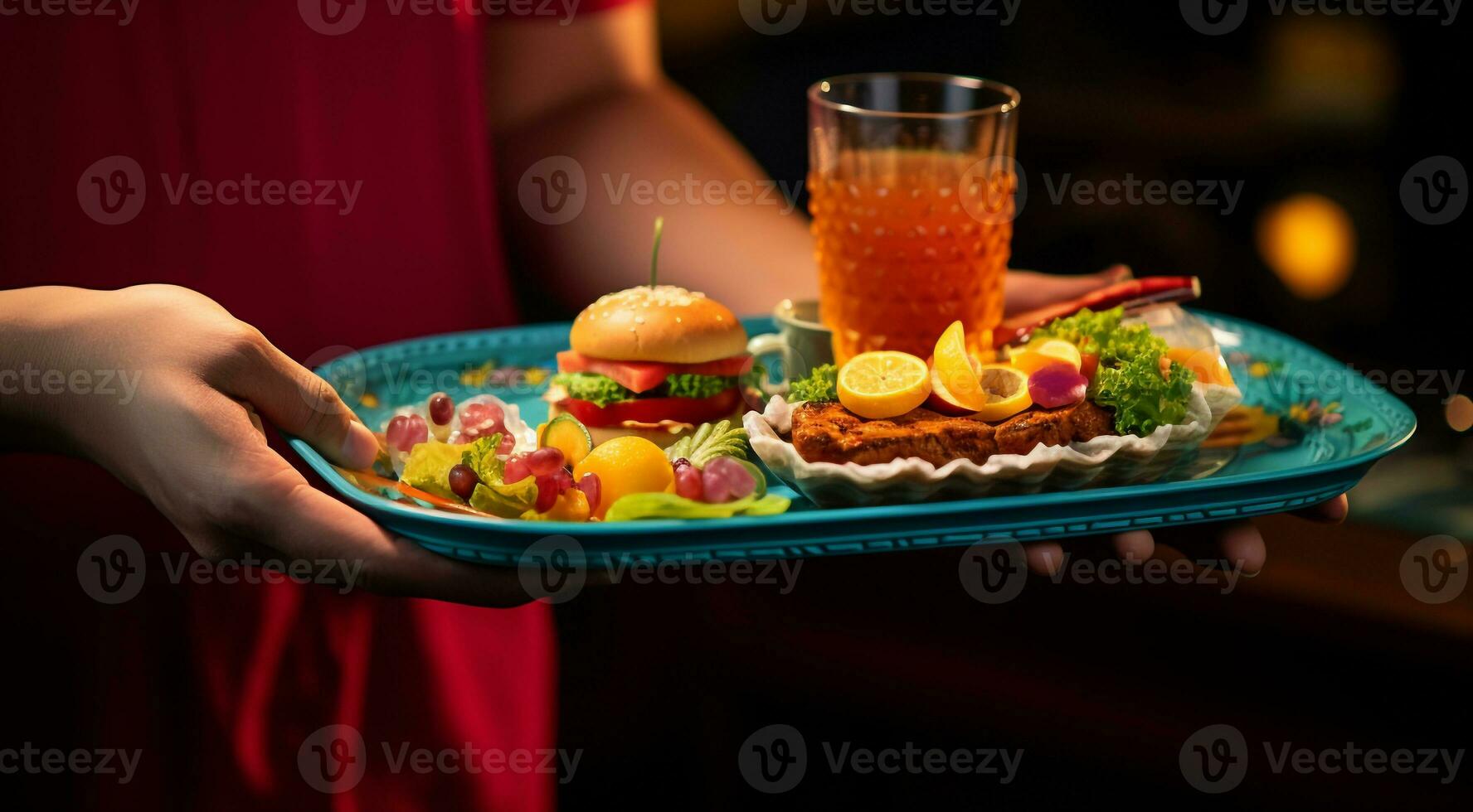 AI generated close-up of person in the restaurant with tray, person in the restaurant, close-up of hands holding tray with dishes and delicious foods photo