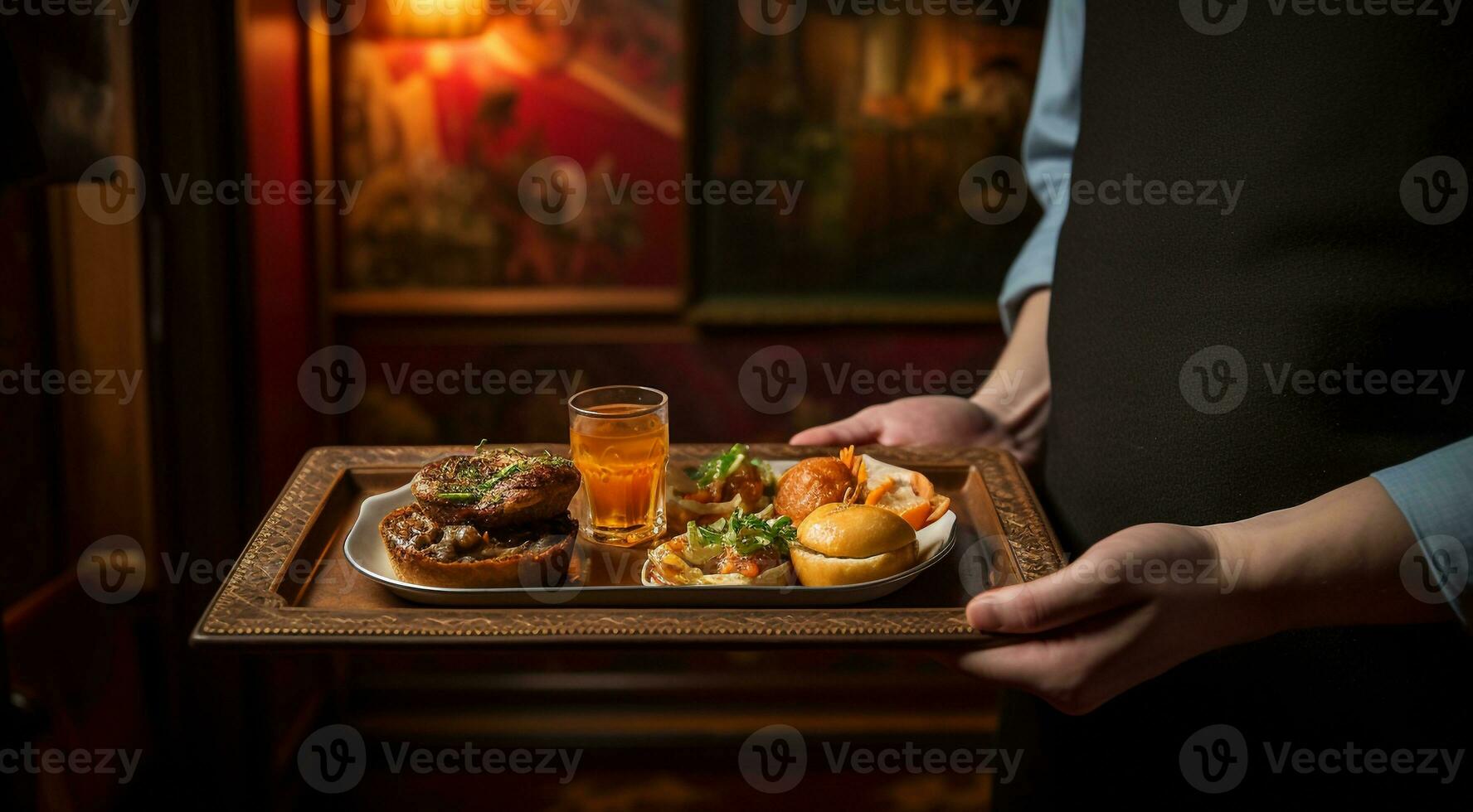 AI generated close-up of person in the restaurant with tray, person in the restaurant, close-up of hands holding tray with dishes and delicious foods photo