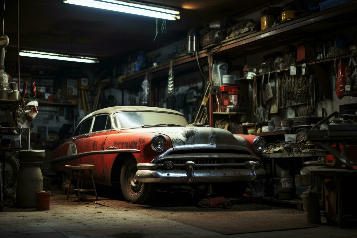 AI generated Abandoned car in the garage of a car repair shop, car in auto repair shop, AI Generated photo