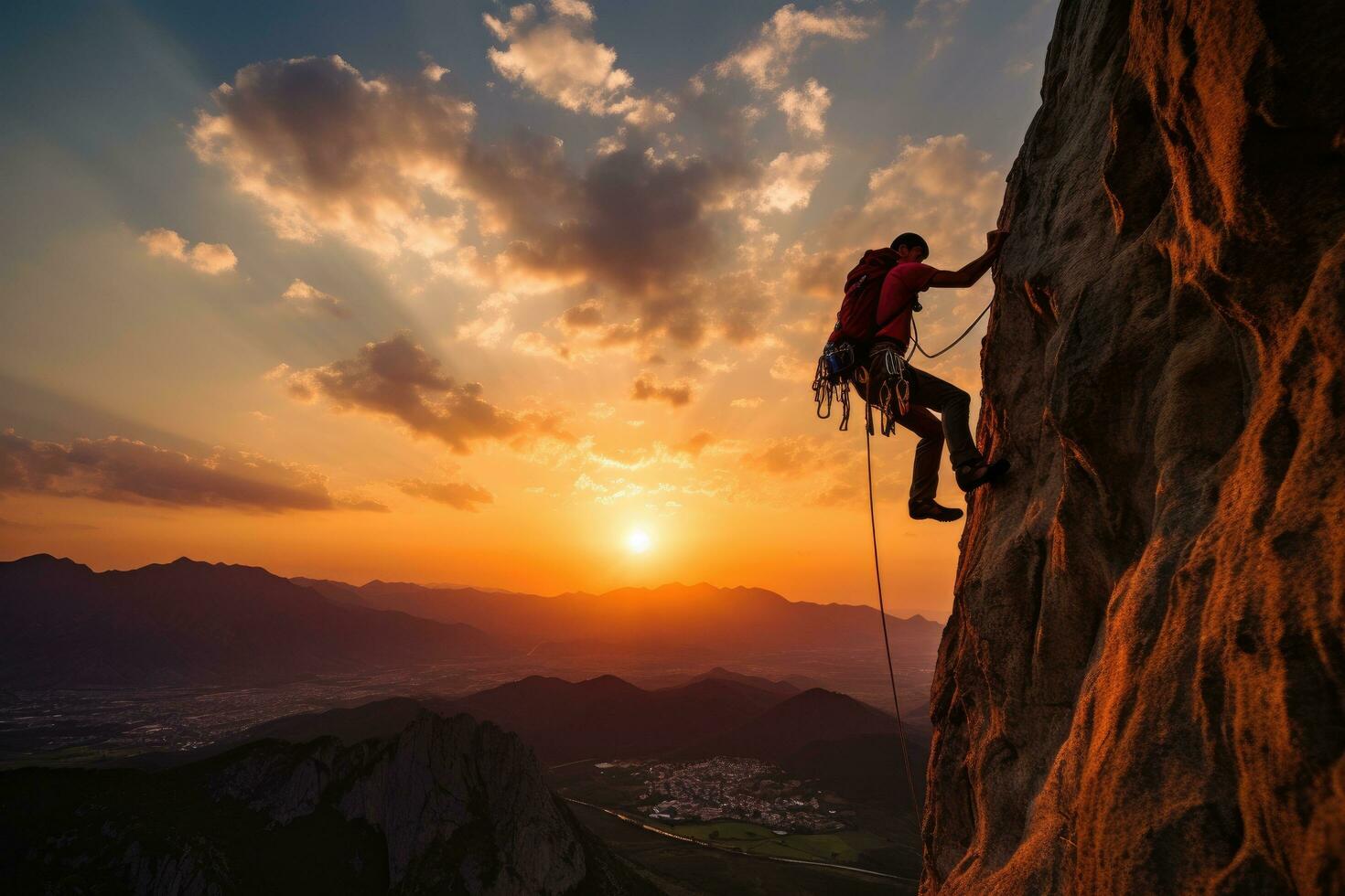 ai generado trepador en el parte superior de un montaña en contra el fondo de un hermosa atardecer, trepador en atardecer, ai generado foto