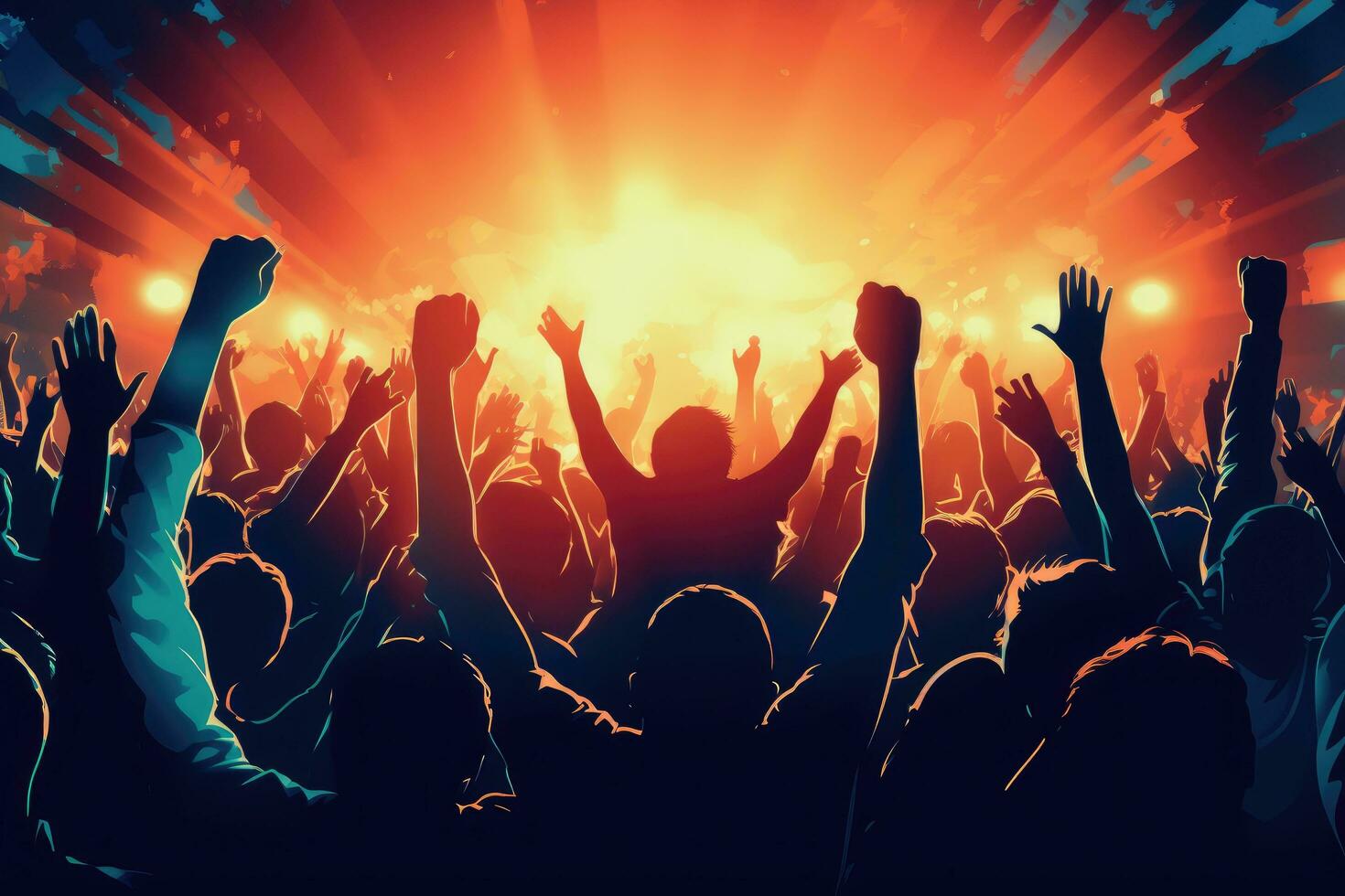 AI generated Crowd of people at a live music concert with raised hands, Crowd cheering at a live music concert and raising their hands, AI Generated photo