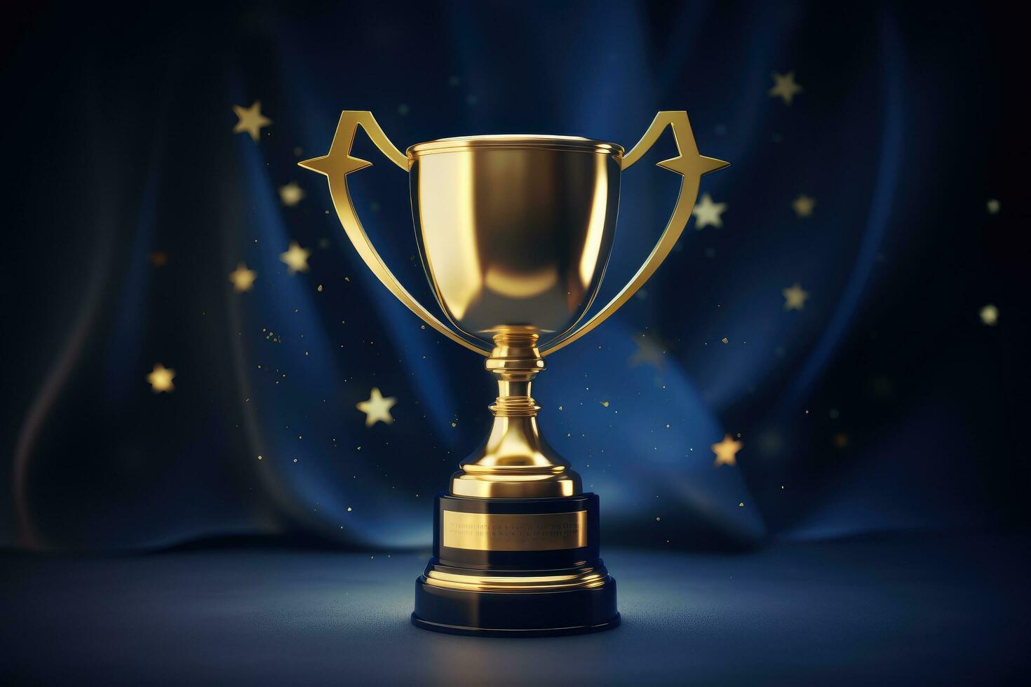 AI generated Golden trophy cup on blue curtain background. 3D rendering. Clipping path included, Champion golden trophy with gold stars on a dark blue background, AI Generated photo