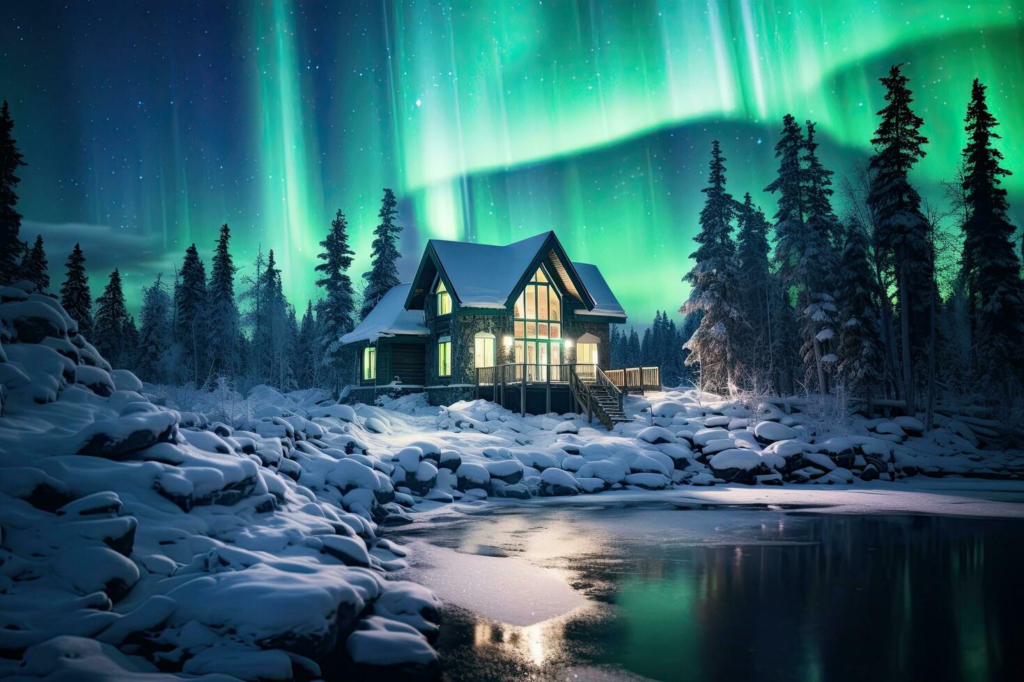 AI generated Aurora borealis, northern lights over wooden house in winter forest, AI Generated photo