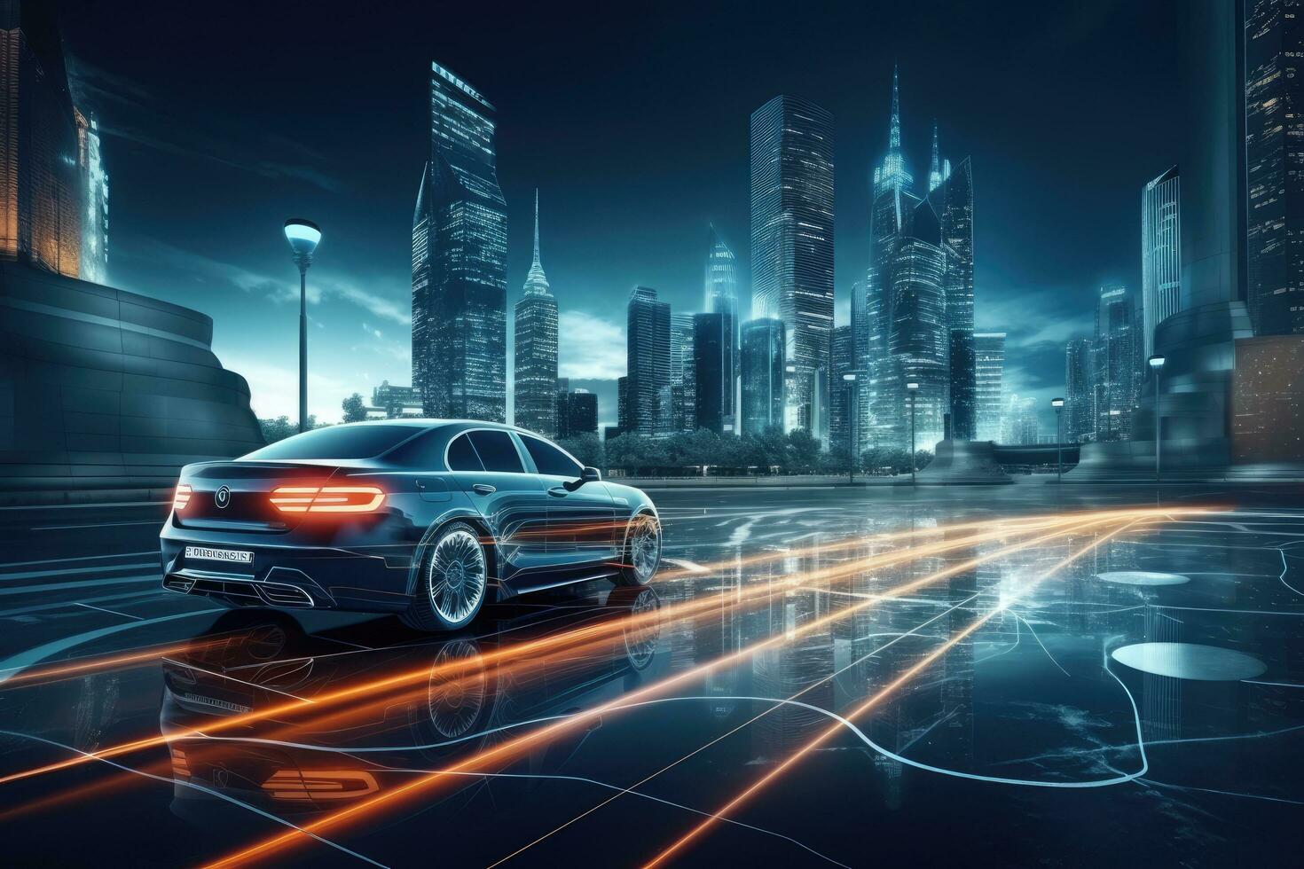 AI generated Concept of a fast car on the road with motion blur background, Car navigating the city roads at night, 3D rendering, AI Generated photo