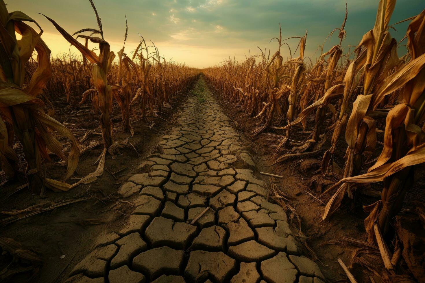 ai generado seco y agrietado tierra en el maíz campo, concepto de sequía, sequía en un maizal, ai generado foto