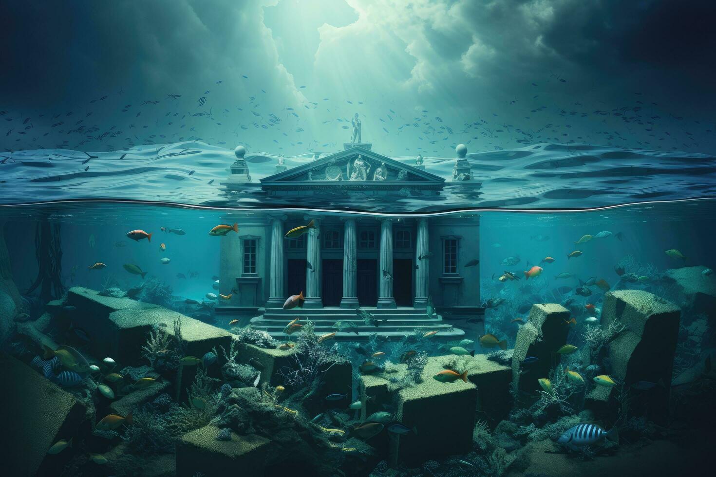 ai generado 3d ilustración de un antiguo griego templo submarino con corales, bancario crisis, representación de un banco hundimiento submarino, ai generado foto