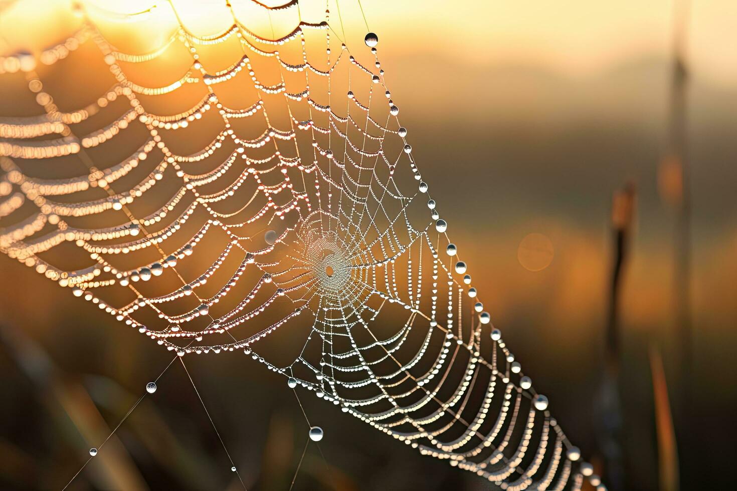 AI generated Beautiful dew drops on spider web at sunrise. Nature background, AI Generated photo