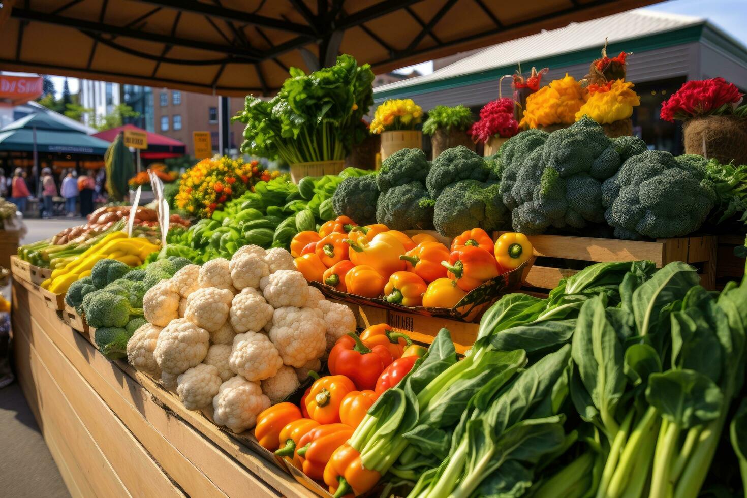 AI generated Colorful bell peppers and zucchini at farmers market in summer, A bustling farmer's market with vibrant, fresh produce and handmade products, AI Generated photo