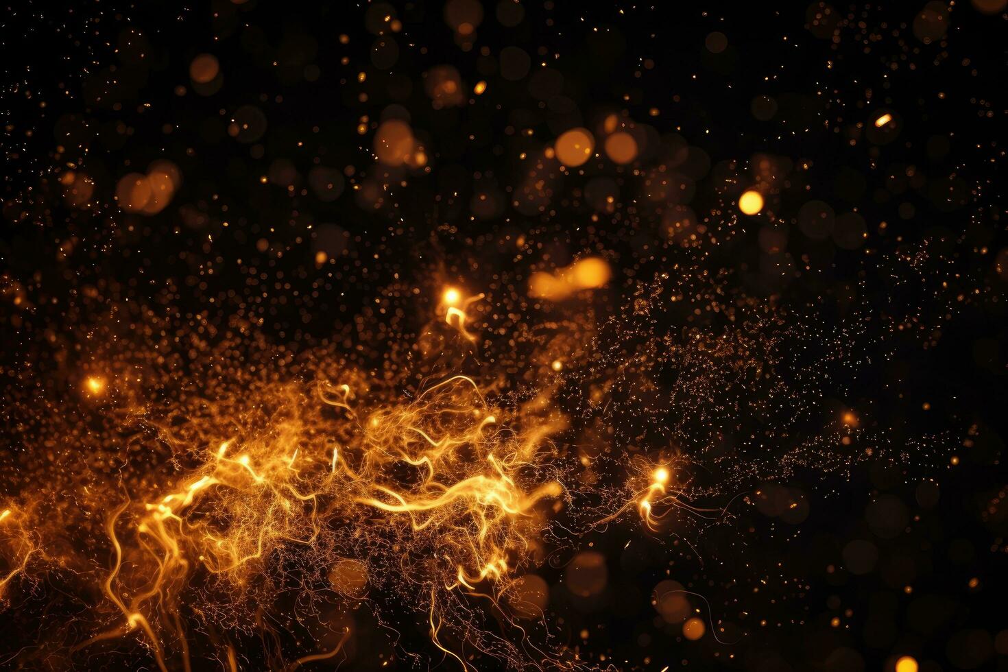 AI generated Abstract golden bokeh on black background. Christmas and New Year concept, Detail fire sparks isolated on a black background, AI Generated photo