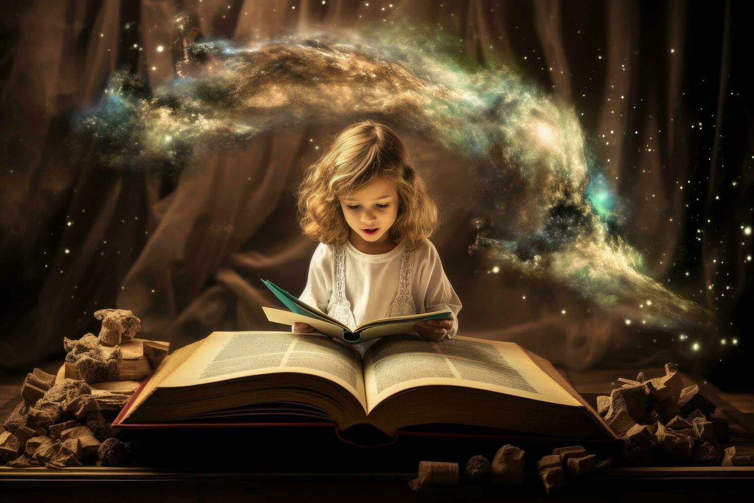 AI generated Little boy reading a magic book. Fairy tale concept. Dark background, A child's imagination being fuelled by a story from teacher, AI Generated photo